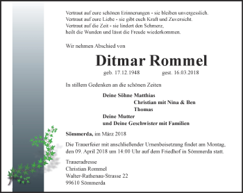 Traueranzeige von Ditmar Rommel von Thüringer Allgemeine