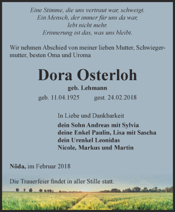 Traueranzeige von Dora Osterloh von Thüringer Allgemeine, Thüringische Landeszeitung