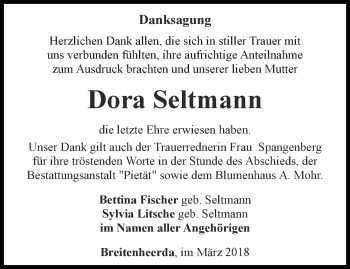 Traueranzeige von Dora Seltmann von Ostthüringer Zeitung