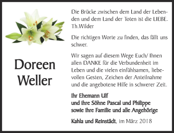 Traueranzeige von Doreen Weller von Ostthüringer Zeitung, Thüringische Landeszeitung