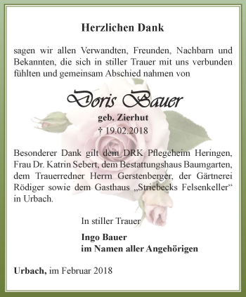 Traueranzeige von Doris Bauer von Thüringer Allgemeine