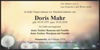 Traueranzeige von Doris Mahr von Thüringer Allgemeine