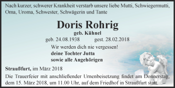 Traueranzeige von Doris Rohrig von Thüringer Allgemeine