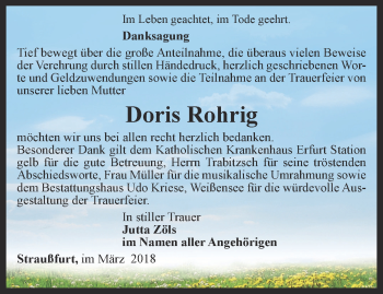 Traueranzeige von Doris Rohrig von Thüringer Allgemeine