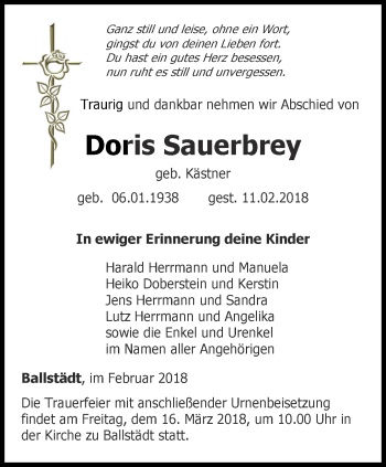 Traueranzeige von Doris Sauerbrey von Ostthüringer Zeitung, Thüringische Landeszeitung