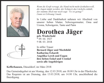 Traueranzeige von Dorothea Jäger von Thüringer Allgemeine