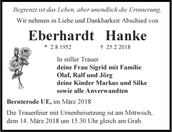 Traueranzeige von Eberhardt Hanke von Thüringer Allgemeine