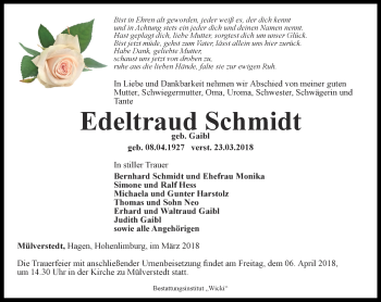 Traueranzeige von Edeltraud Schmidt von Thüringer Allgemeine, Thüringische Landeszeitung