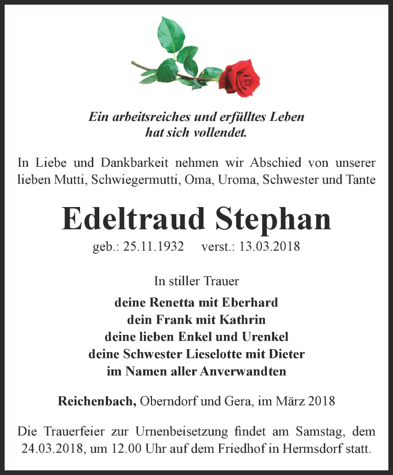 Traueranzeigen von Edeltraud Stephan trauerinthueringen.de