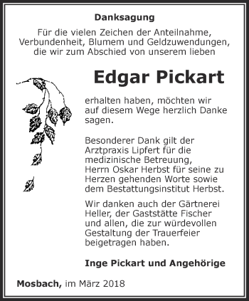 Traueranzeige von Edgar Pickart von Thüringer Allgemeine, Thüringische Landeszeitung