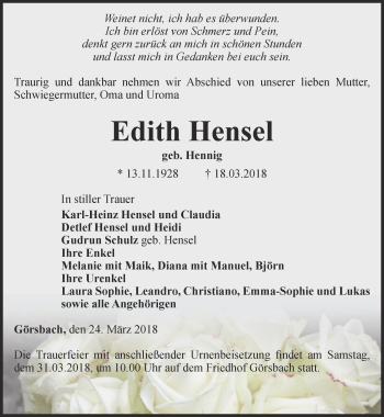 Traueranzeige von Edith Hensel von Thüringer Allgemeine