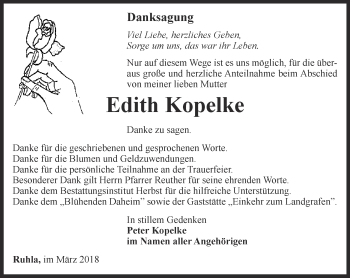 Traueranzeige von Edith Kopelke von Thüringer Allgemeine, Thüringische Landeszeitung