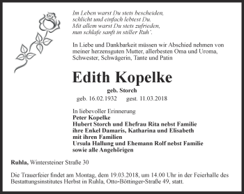 Traueranzeige von Edith Kopelke von Thüringer Allgemeine, Thüringische Landeszeitung