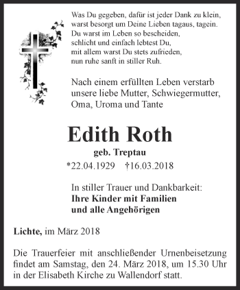 Traueranzeige von Edith Roth von Ostthüringer Zeitung