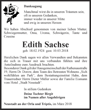 Traueranzeige von Edith Sachse