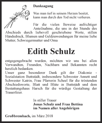 Traueranzeige von Edith Schulz von Thüringer Allgemeine