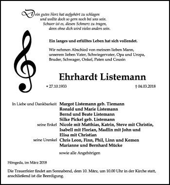 Traueranzeige von Ehrhardt Listemann von Thüringer Allgemeine, Thüringische Landeszeitung