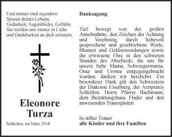 Traueranzeige von Eleonore Turza von Ostthüringer Zeitung