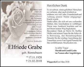 Traueranzeige von Elfriede Grabe von Thüringer Allgemeine