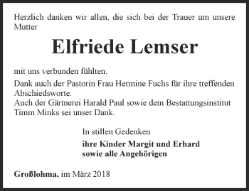 Traueranzeige von Elfriede Lemser von Thüringer Allgemeine, Thüringische Landeszeitung