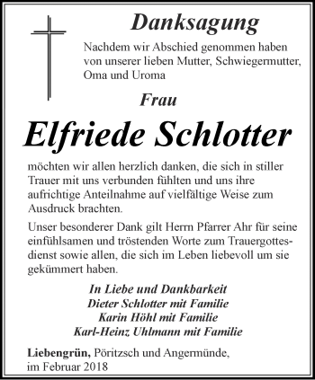 Traueranzeige von Elfriede Schlotter von Ostthüringer Zeitung