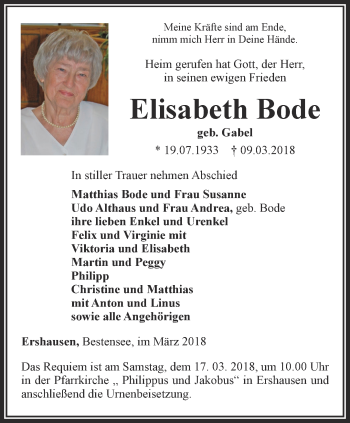 Traueranzeige von Elisabeth Bode von Thüringer Allgemeine