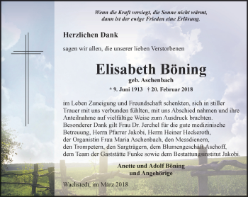 Traueranzeige von Elisabeth Böning von Thüringer Allgemeine