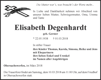 Traueranzeige von Elisabeth Degenhardt von Thüringer Allgemeine