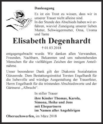 Traueranzeige von Elisabeth Degenhardt von Thüringer Allgemeine