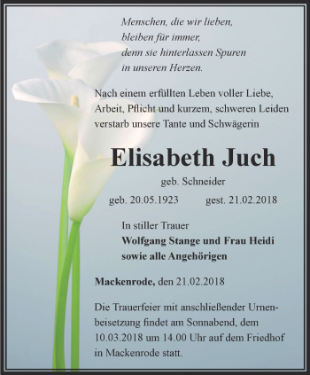 Traueranzeige von Elisabeth Juch von Thüringer Allgemeine