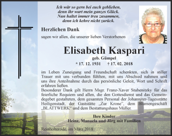Traueranzeige von Elisabeth Kaspari von Thüringer Allgemeine