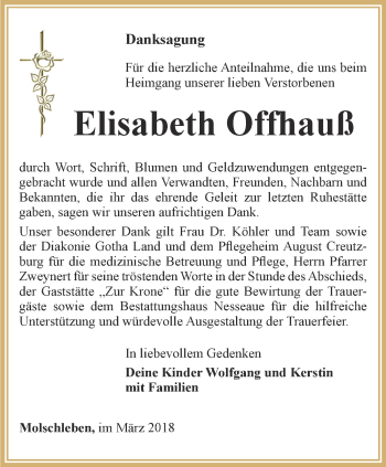 Traueranzeige von Elisabeth Offhauß von Ostthüringer Zeitung, Thüringische Landeszeitung