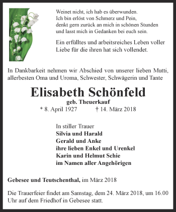 Traueranzeige von Elisabeth Schönfeld von Thüringer Allgemeine, Thüringische Landeszeitung