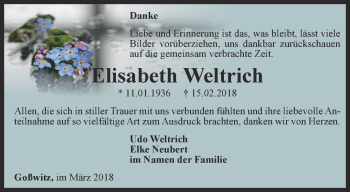 Traueranzeige von Elisabeth Weltrich von Ostthüringer Zeitung