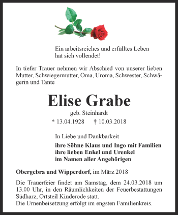 Traueranzeige von Elise Grabe von Thüringer Allgemeine