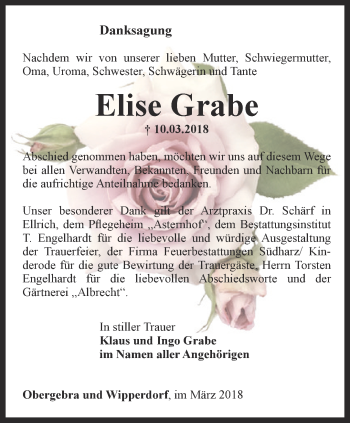 Traueranzeige von Elise Grabe von Thüringer Allgemeine