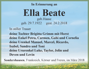 Traueranzeige von Ella Beate von Thüringer Allgemeine