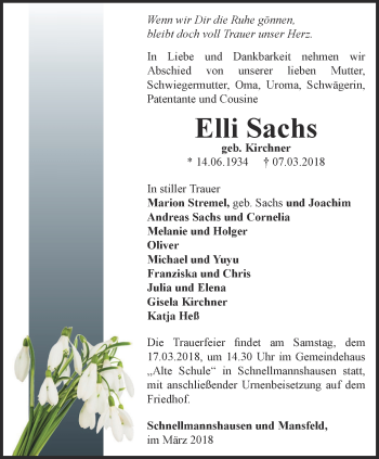 Traueranzeige von Elli Sachs von Thüringer Allgemeine, Thüringische Landeszeitung