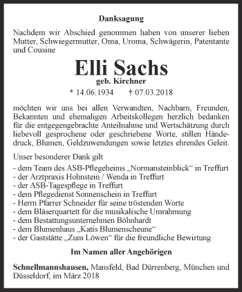 Traueranzeige von Elli Sachs von Thüringer Allgemeine, Thüringische Landeszeitung