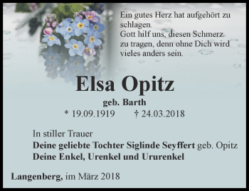 Traueranzeige von Elsa Opitz