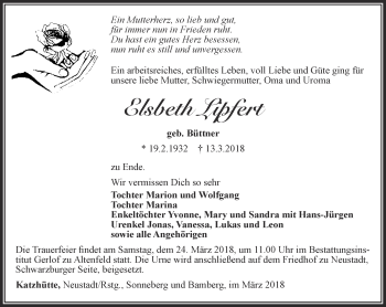 Traueranzeige von Elsbeth Lipfert von Ostthüringer Zeitung