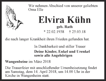 Traueranzeige von Elvira Kühn von Ostthüringer Zeitung, Thüringische Landeszeitung