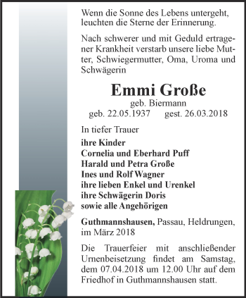 Traueranzeige von Emmi Große von Thüringer Allgemeine