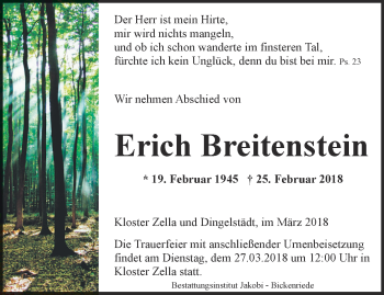Traueranzeige von Erich Breitenstein von Thüringer Allgemeine