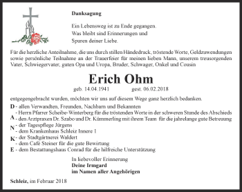 Traueranzeige von Erich Ohm von Ostthüringer Zeitung
