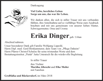 Traueranzeige von Erika Dinger von Ostthüringer Zeitung