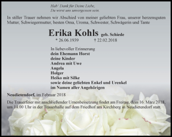 Traueranzeige von Erika Kohls von Thüringer Allgemeine, Thüringische Landeszeitung