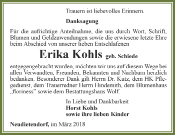 Traueranzeige von Erika Kohls von Thüringer Allgemeine, Thüringische Landeszeitung