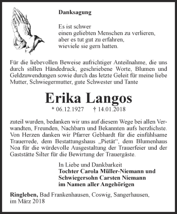 Traueranzeige von Erika Langos von Thüringer Allgemeine