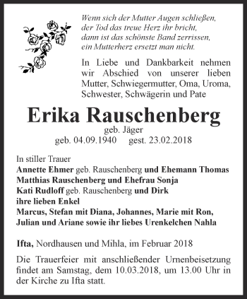 Traueranzeige von Erika Rauschenberg von Thüringer Allgemeine, Thüringische Landeszeitung